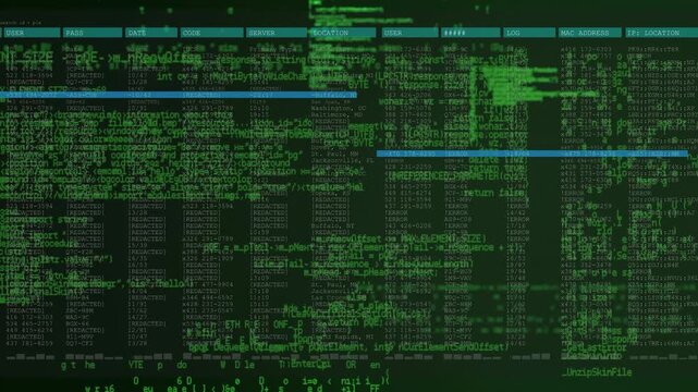 Code fragments flashing log rows scrolling with highlight bar shifting revealing server activity
