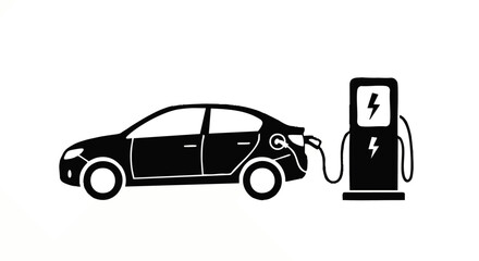 Minimalist black silhouette of an electric car refueling at a charging station icon.