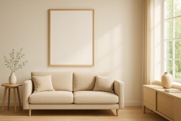 Sunlight is illuminating a modern and minimalist living room with an empty frame mockup hanging above a beige sofa, creating a cozy and stylish atmosphere