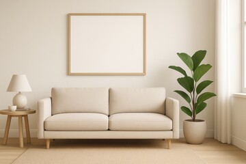 Fototapeta premium Modern minimalist living room featuring a beige sofa, blank artwork frame, potted plant, wooden table with lamp and bowl, and natural fiber rug on light wooden floor