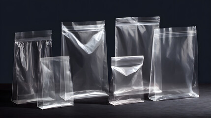 Group of see-through plastic storage bags on a dark-colored background