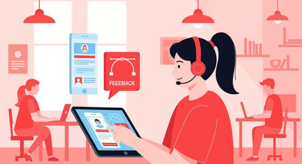 Illustration of team collaboration with user interface feedback on tablet and phone platform with call center support for app development
