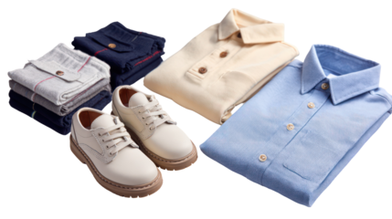 Kids shoes and school uniform folded neatly on white background