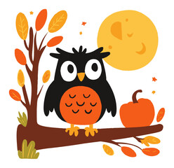 Obraz premium Cute Cartoon Owl Sitting on Branch with Moon and Pumpkin in Fall Season