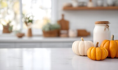 Pumpkins and a kitchen counter on a blurred background