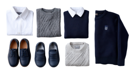 Kids shoes and school uniform folded neatly on white background