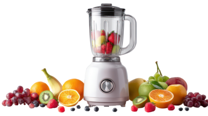Kitchen blender with transparent jar and fresh fruit on white background