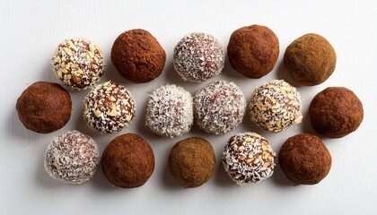 flat lay of assorted raw vegan bliss balls coated with coconut cocoa and crushed walnuts on white background