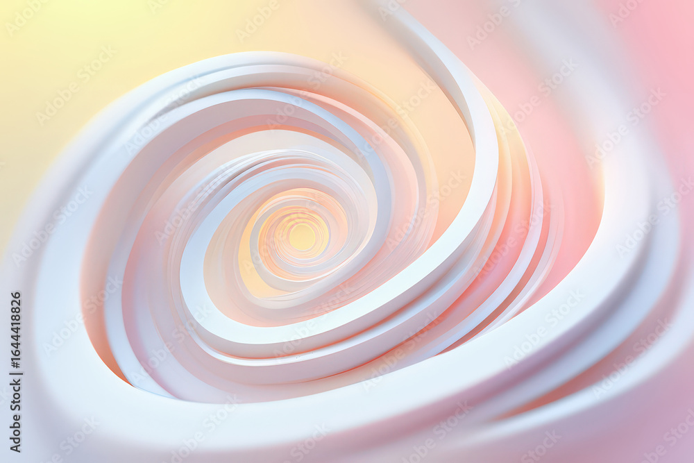 Poster abstract swirling white ribbon design with soft pastel yellow and pink hues creating a sense of flow