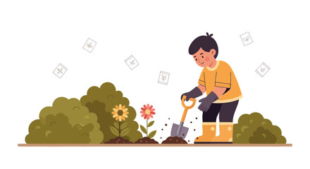 Illustration of a young boy gardening with shovel planting flower seedlings in garden outdoors cheerfully creating natural harmony