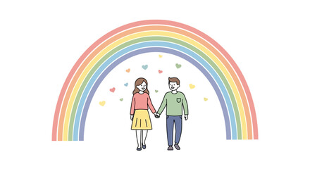 Fototapeta premium Illustration of a young couple holding hands under a rainbow representing love and happiness