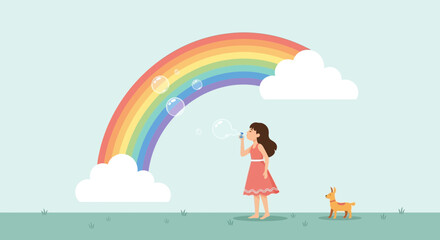 Illustration of a young girl blowing bubbles with a rainbow and puppy nearby