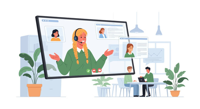 Illustration showcasing virtual collaboration, remote work and online meetings setup