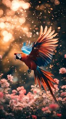 Vibrant parrot in flight, surrounded by bokeh and flowers