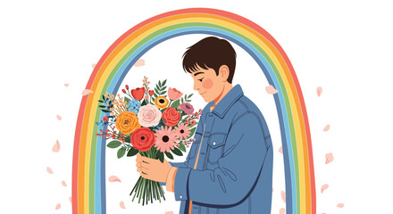 Illustration of a young man holding a bouquet of flowers against a rainbow background