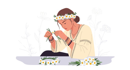 Illustration of a young woman crafting a flower crown with daisies in a serene and peaceful setting with minimalist details
