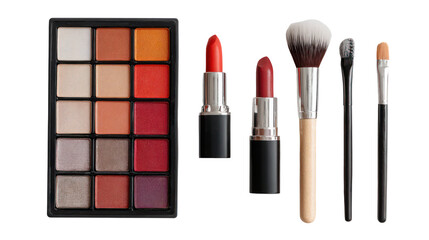 Makeup palette with brushes and lipstick tubes beauty accessories on white background