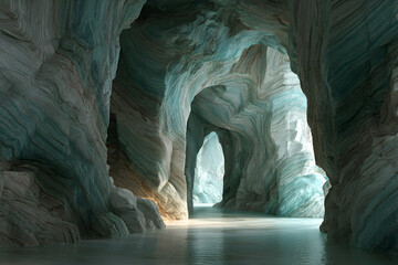 Interior of a cave with archways and sunlight coming in 