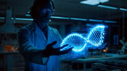 Scientist holds a glowing dna model in a laboratory.