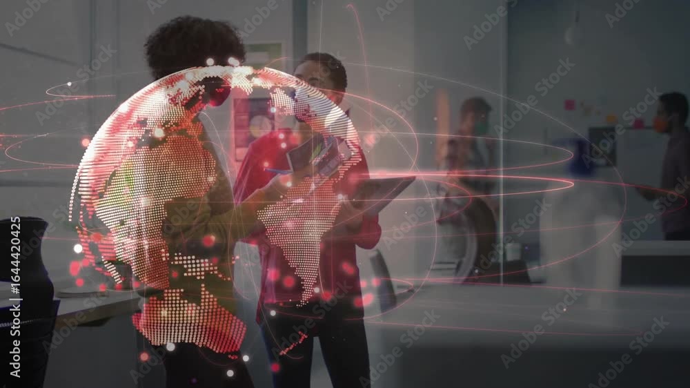 Poster man gesturing smartphone while greeting colleague activating digital globe mapping business data
