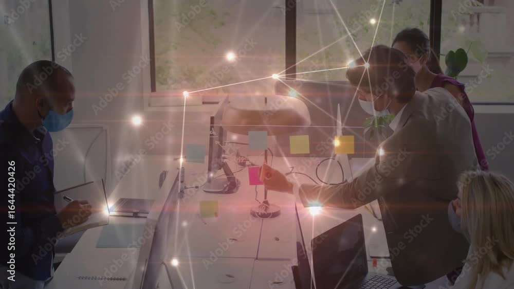 Poster network overlay fading sparking masked team arranging sticky notes on divider for business planning
