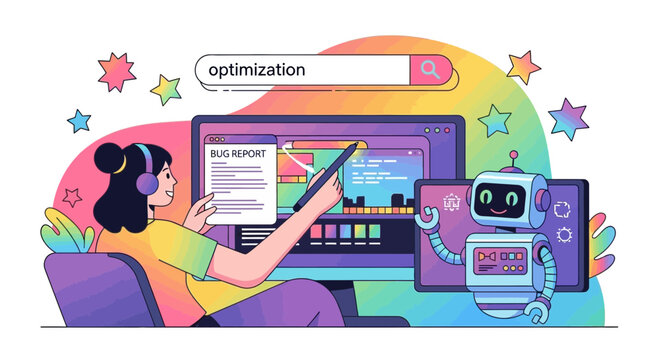 Illustrative depiction of software developer optimizing code with automation support