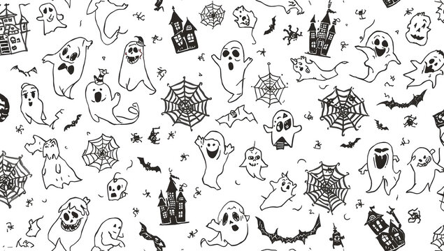 Halloween themed pattern featuring ghosts, castles, and cobwebs.