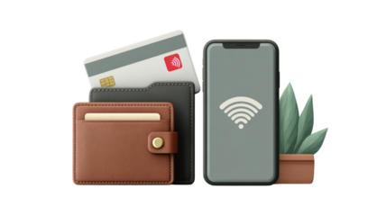 Minimalist Wallet with Credit Card and Smartphone NFC Payment on Transparent Background