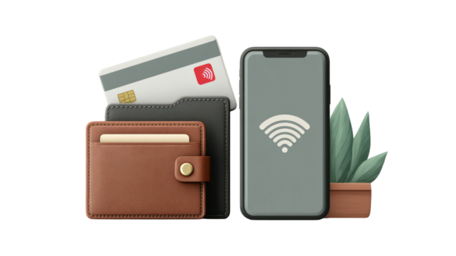 Minimalist Wallet with Credit Card and Smartphone NFC Payment on Transparent Background