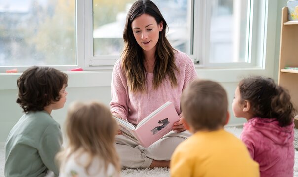 Teacher holding an open picture book in blush pink hardcover, seated cross-legged on pale mint rug, several soft-focus children reaching towards the book