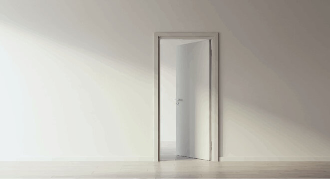 Modern white interior door slightly ajar in a minimalist room, featuring a sleek silver handle and clean lines.