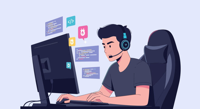 Illustrative Programmer Working at Computer with Various Coding Elements Displayed on Screen