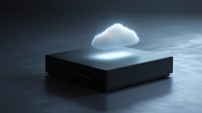A futuristic black server device emitting a glowing white cloud hologram, symbolizing cloud data centers. - Powered by Adobe
