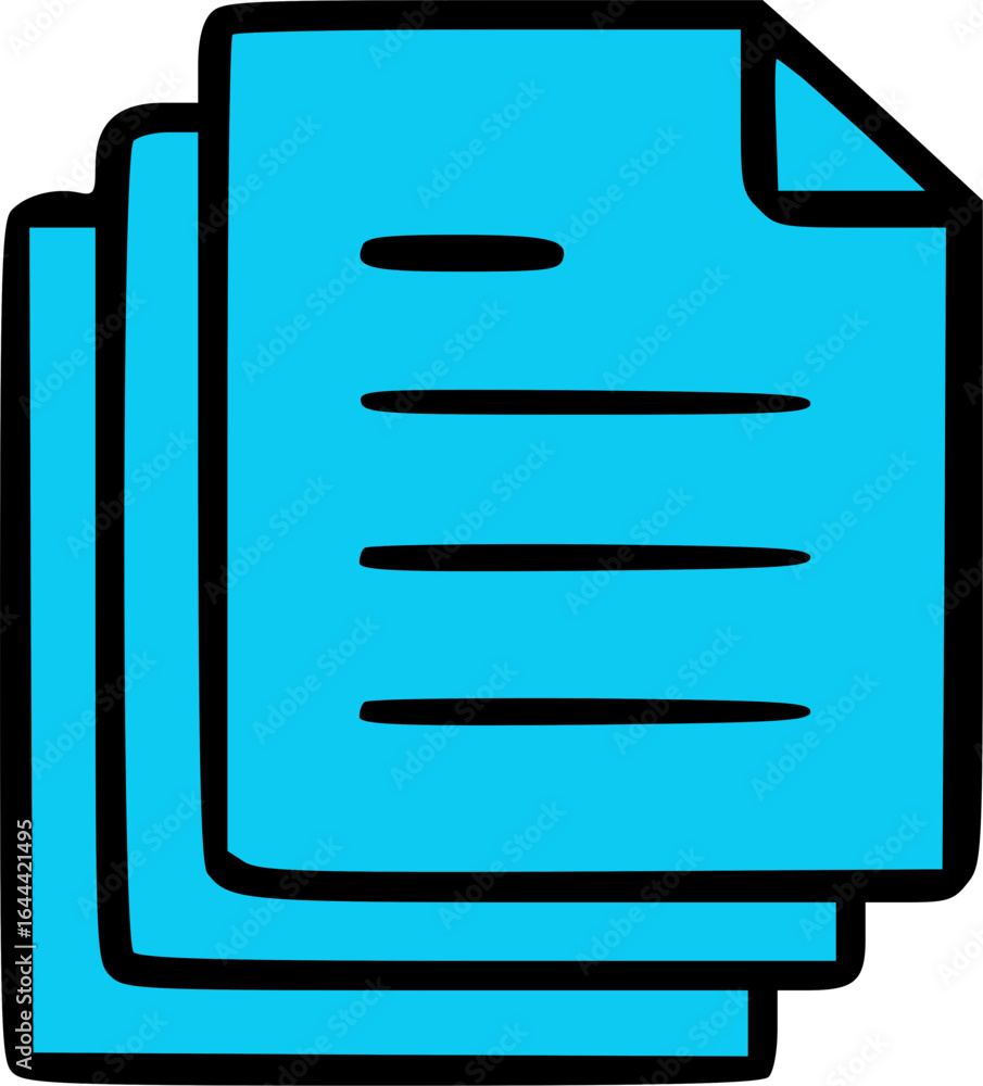 Poster a simple graphic icon of three stacked cyan documents with black lines representing text and a folde