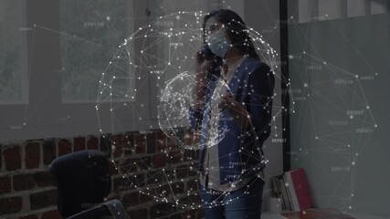 Female professional taking business call in office, gesturing pulsing network overlay for data chat - Powered by Adobe