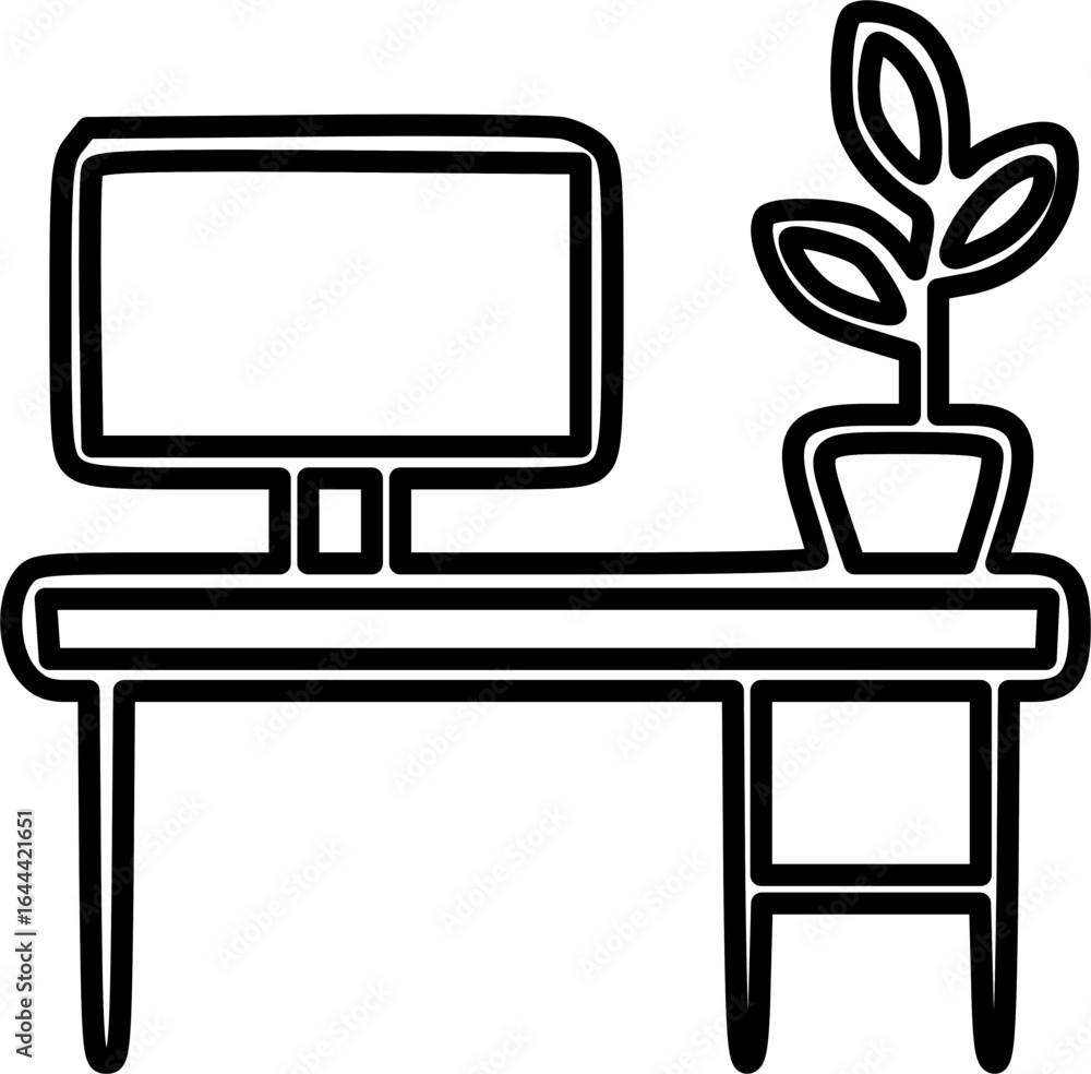 Poster a simple line icon of an office desk with a computer monitor and a small potted plant.