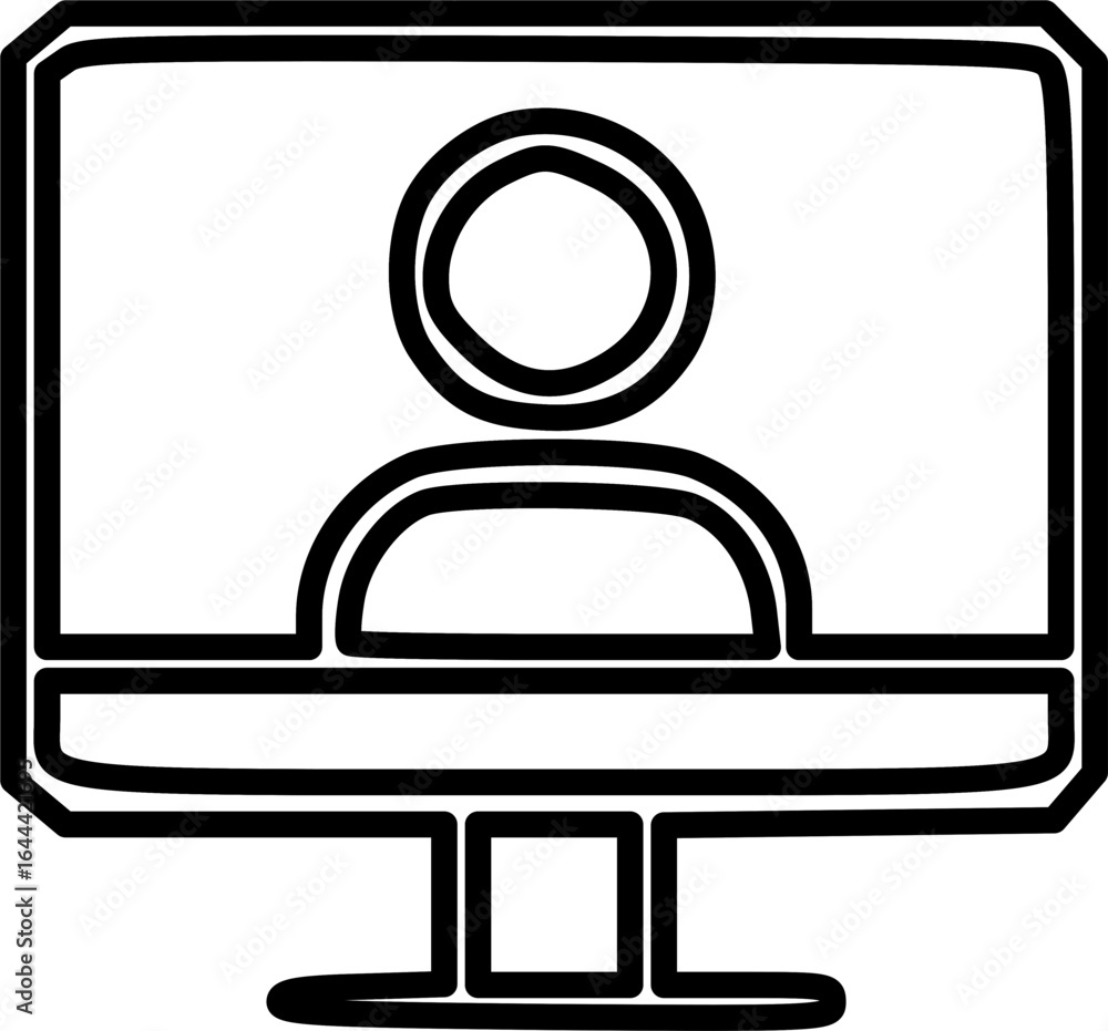 Poster a hand-drawn line art icon of a person's avatar on a desktop computer monitor, representing a user p