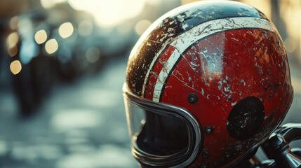 Close-up of a red, white, and black vintage motorcycle helmet with a visor, resting on a motorcycle seat, with blurred background.