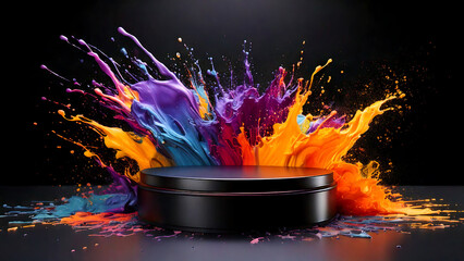 Dark Podium with a Burst of Purple Orange and Blue Paint Splashes black stage