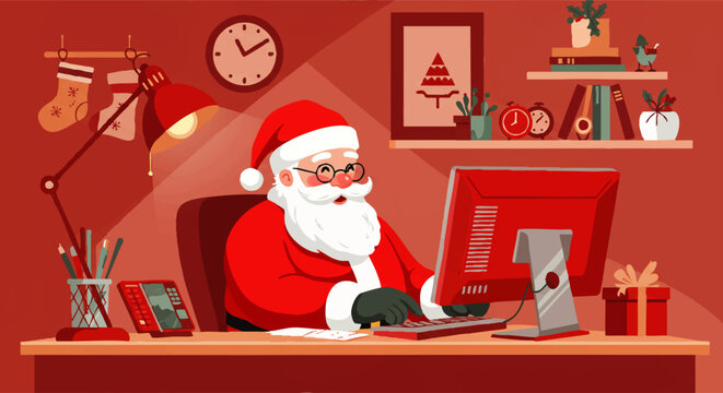 Santa Claus Working at Computer, Wearing Glasses and Red Suit