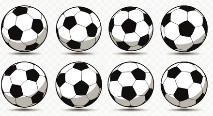 Set of eight classic black and white soccer balls with cartoon shading and shadows.