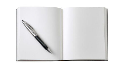 Notebook and Ballpoint Pen Open to a Blank Page on Transparent Background
