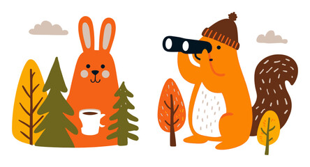 Naklejka premium Cute Forest Animals in Cartoon Style with Trees and Nature Elements