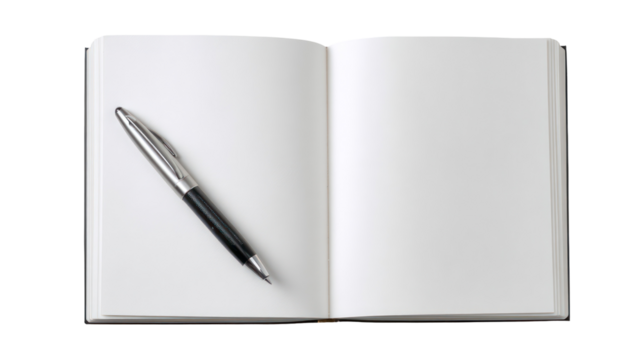 Notebook and Ballpoint Pen Open to a Blank Page on Transparent Background