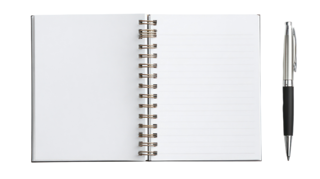Notebook and Ballpoint Pen Open to a Blank Page on Transparent Background