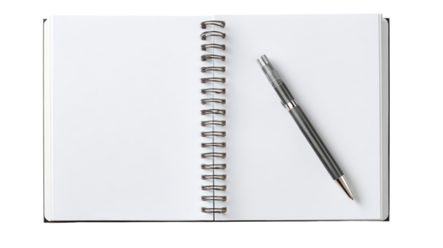 Notebook and Ballpoint Pen Open to a Blank Page on Transparent Background