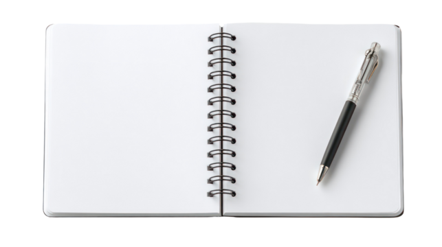 Notebook and Ballpoint Pen Open to a Blank Page on Transparent Background