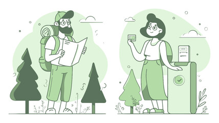 Fototapeta premium Cartoon Illustration of Adventurer and Traveler in Nature Setting
