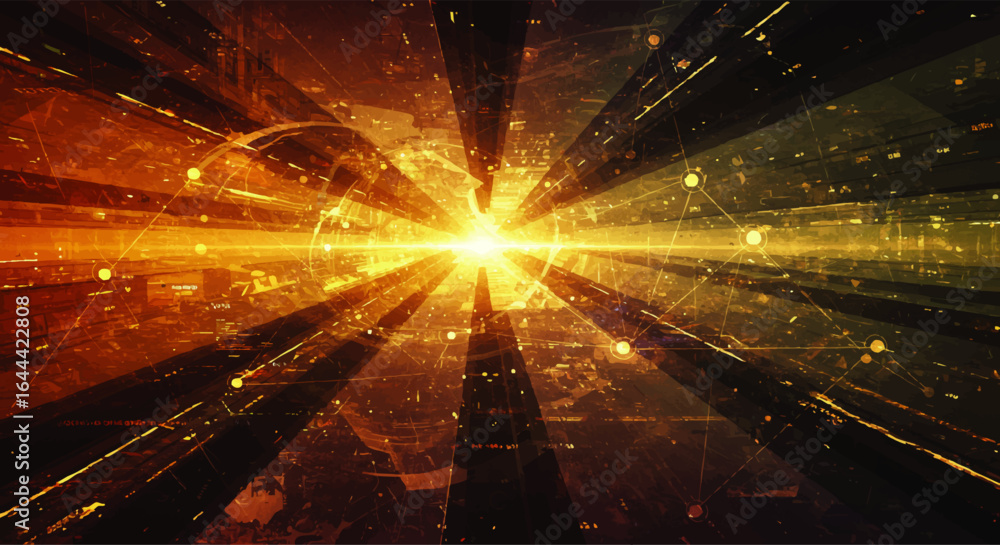 Aufkleber radiating golden light burst within a complex futuristic digital data network.