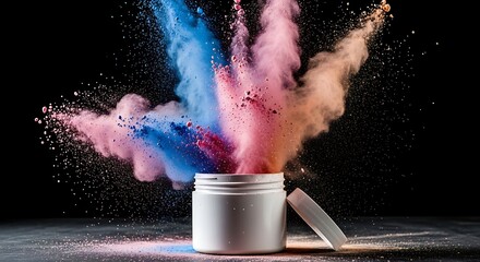 Photo of vibrant explosion of colorful powder from an open white jar, creating a dynamic cloud of blue, pink, and red dust particles